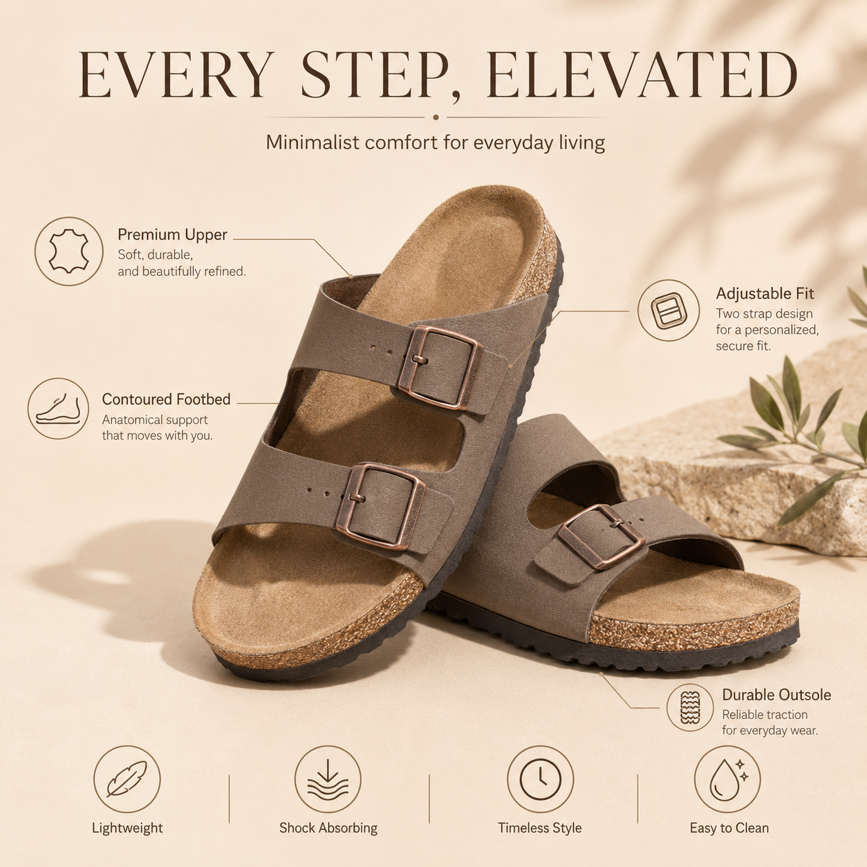 Everyday Comfort Cork Sandals – Adjustable Two-Strap Lightweight Slide Sandals