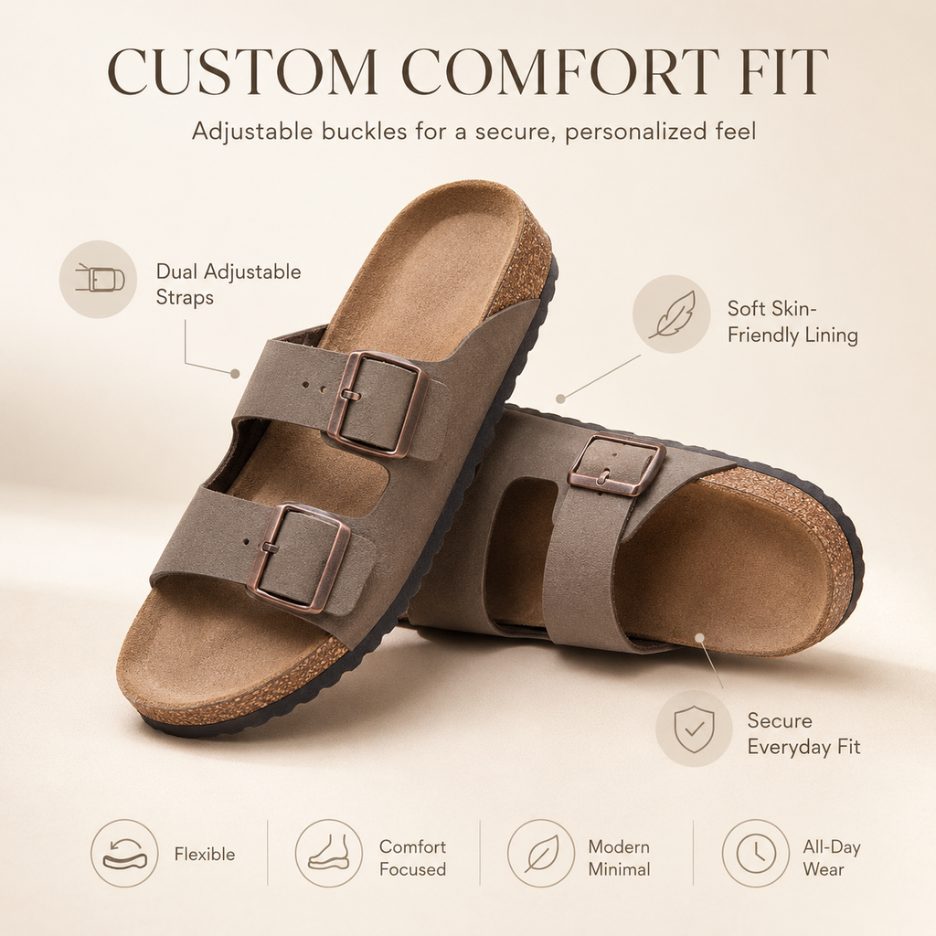 Everyday Comfort Cork Sandals – Adjustable Two-Strap Lightweight Slide Sandals