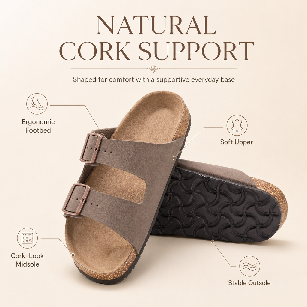 Everyday Comfort Cork Sandals – Adjustable Two-Strap Lightweight Slide Sandals