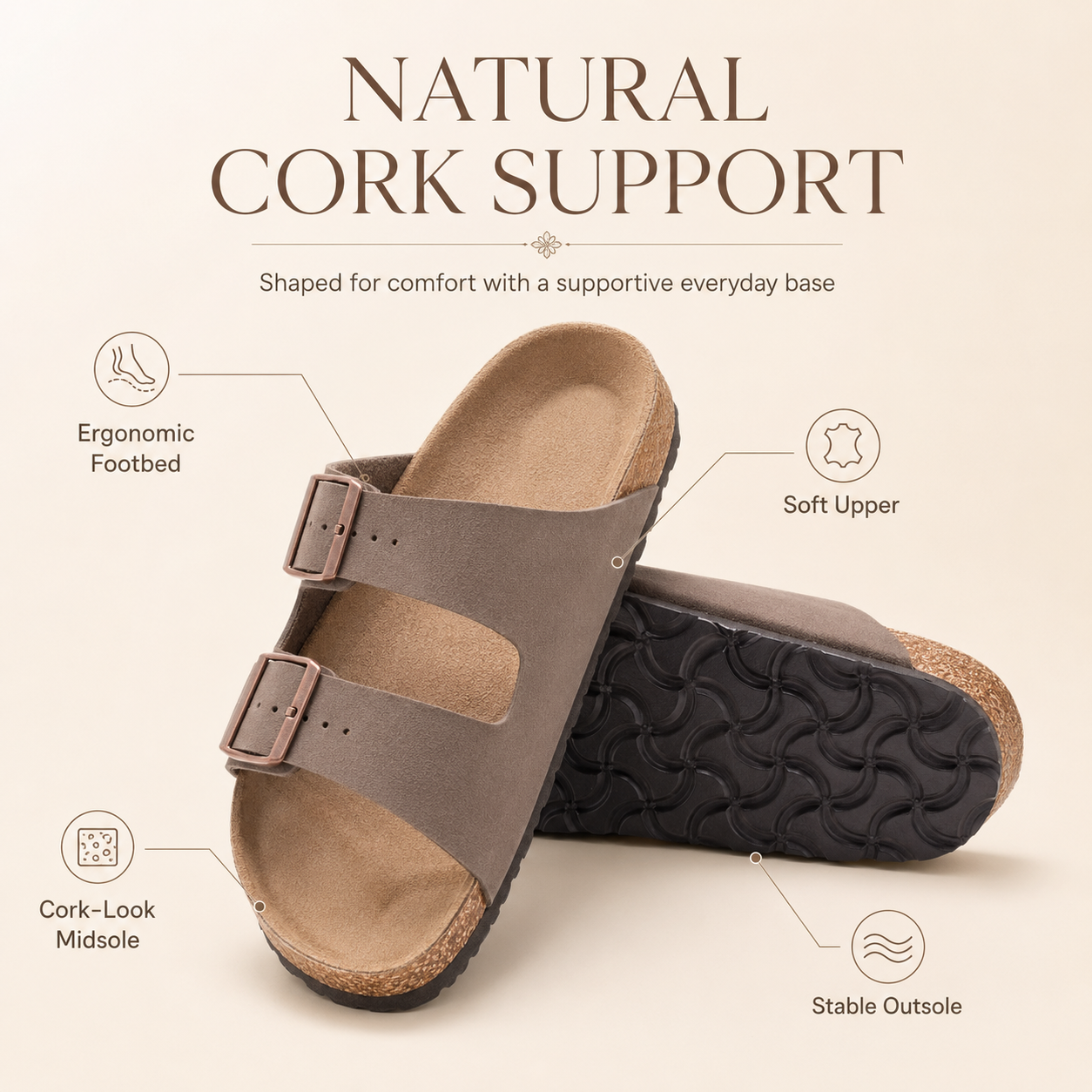 Everyday Comfort Cork Sandals – Adjustable Two-Strap Lightweight Slide Sandals