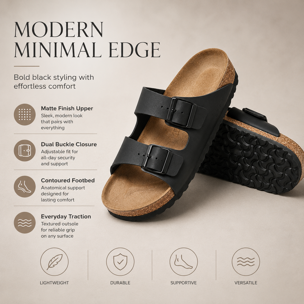 Everyday Comfort Cork Sandals – Adjustable Two-Strap Lightweight Slide Sandals