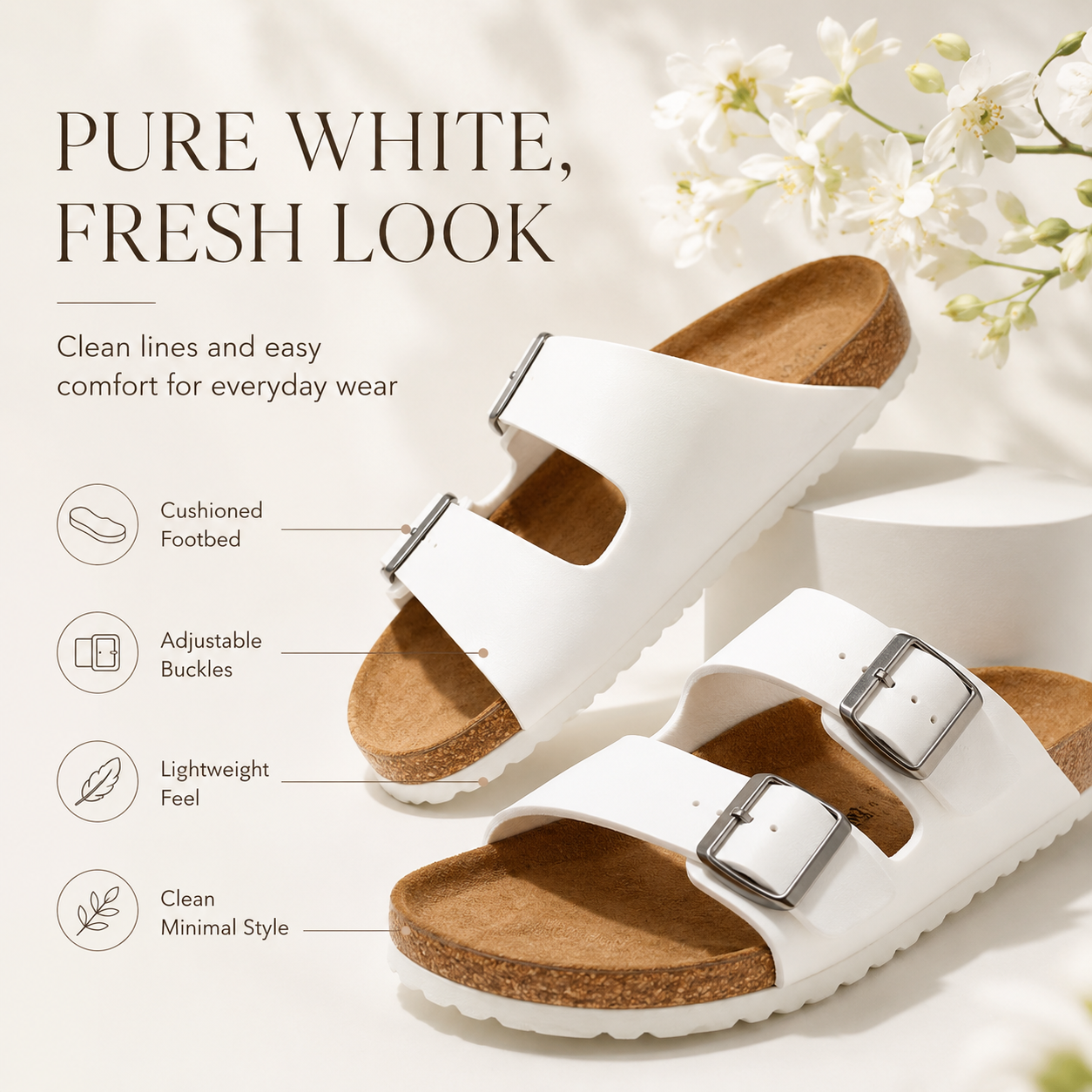 Everyday Comfort Cork Sandals – Adjustable Two-Strap Lightweight Slide Sandals