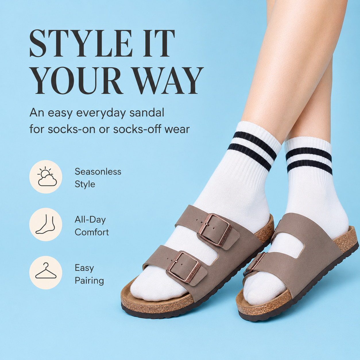 Everyday Comfort Cork Sandals – Adjustable Two-Strap Lightweight Slide Sandals