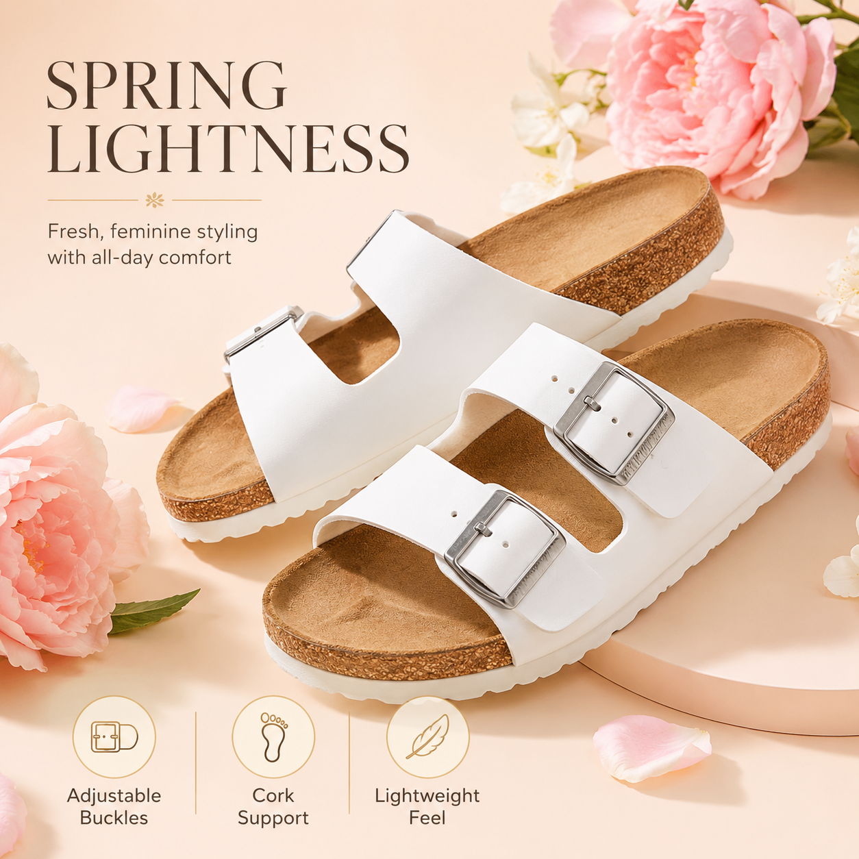 Everyday Comfort Cork Sandals – Adjustable Two-Strap Lightweight Slide Sandals